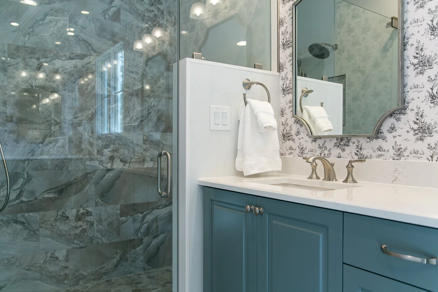 View showing the renovated elements working together from Bathroom Remodel — Governor’s Land Williamsburg Virginia by VanFleet Homes