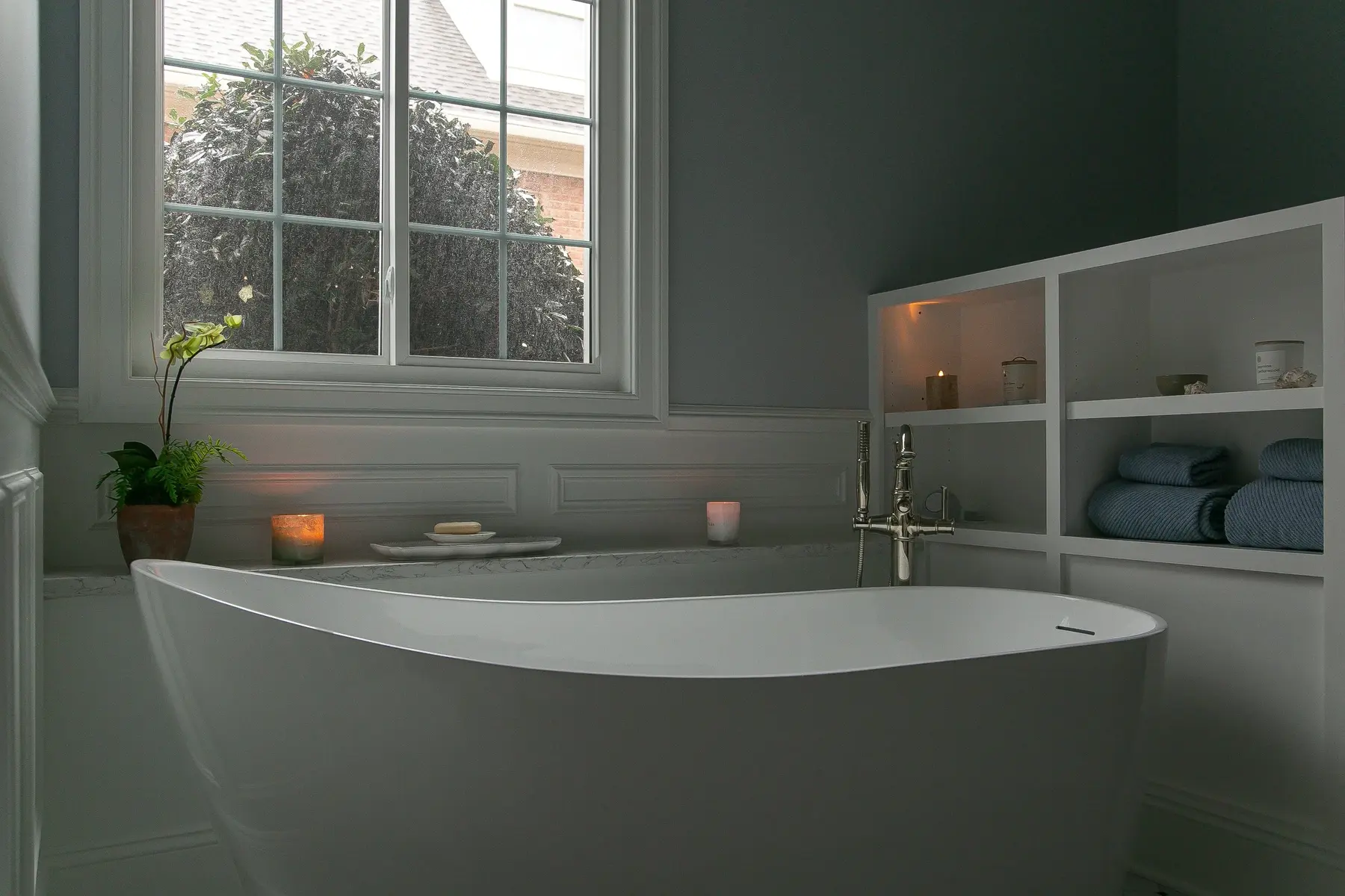 Completed Williamsburg bathroom remodel with a freestanding tub by VanFleet Homes